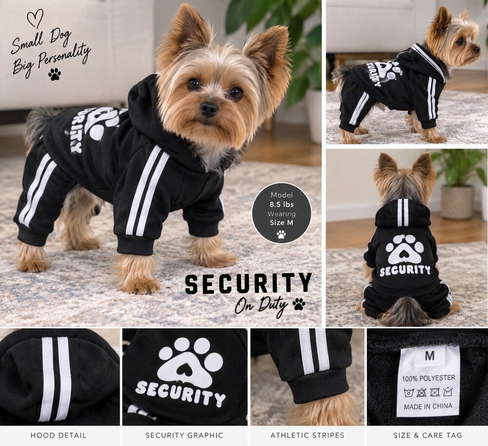 Security Dog Tracksuit M Black Hooded Jumpsuit Paw Print